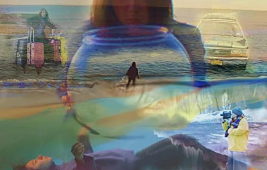 Person holding a fish bowl transparently set over the ocean and other woven images including a person with luggage, a car, a person in a yellow coat with a camera, a person set horizontally across the bottom, and two people looking into the distance
