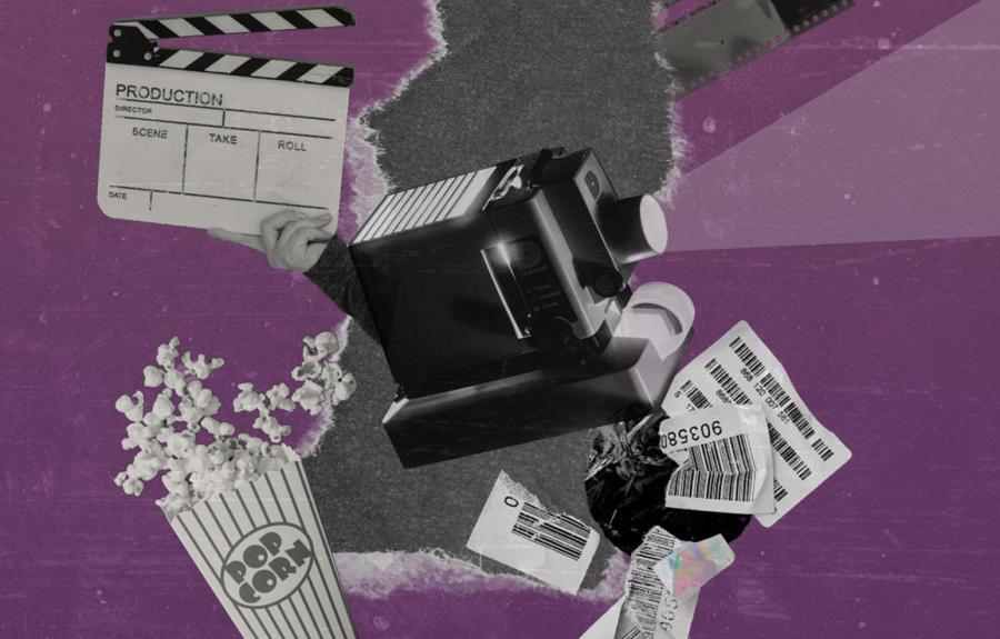 An array of objects in the center, including a film camera, a clapperboard, film frames, tags with barcodes, and a movie theater popcorn, against a faded purple background styled as a piece of paper with a hole ripped from the center.