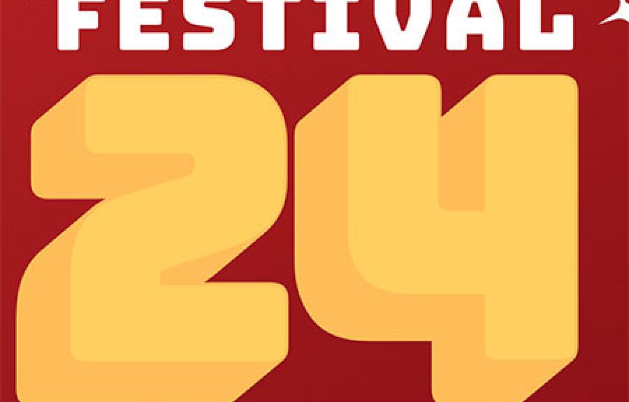 Festival24 in yellow on a red theatre background