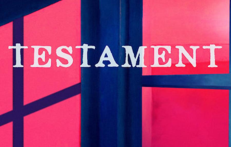 Testament poster featuring the corner of a dark room with a window on one side and the shadow of the window on the other in starkly contrasting colors