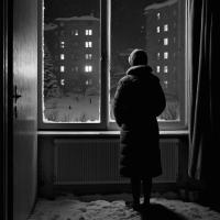 Photo of a person looking out the window of an apartment