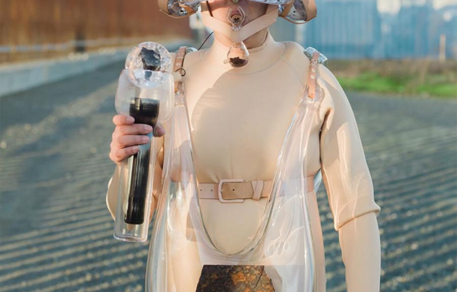 A person posing in a beige jumpsuit with a glass mask covering the face and glass shoulder and hand accessories