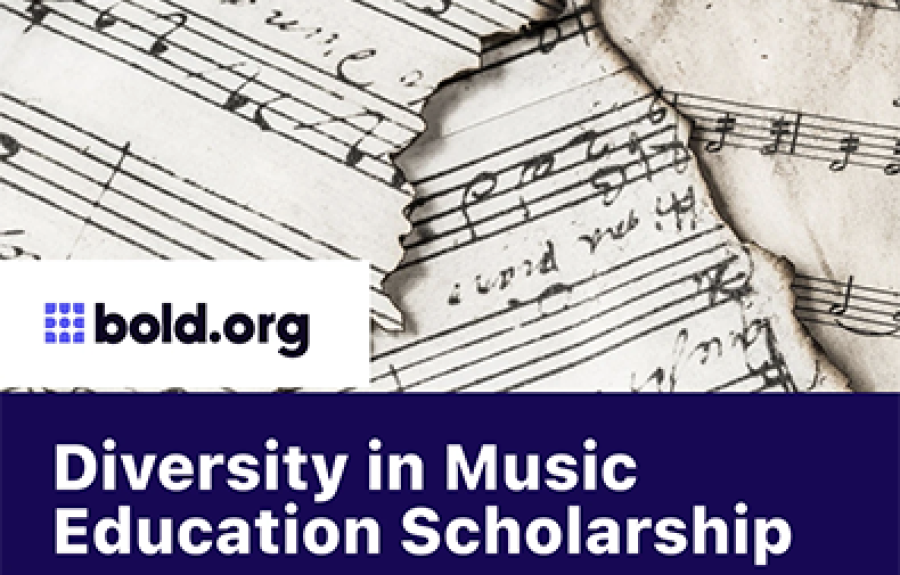 Diversity in Music scholarship graphic, with antique music sheets
