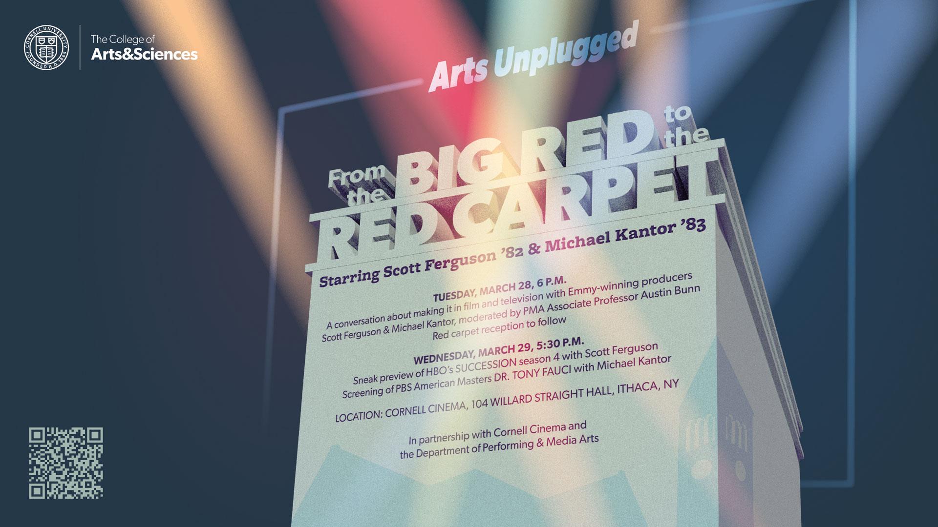Flyer for  From the Big Red to the Red Carpet: A two-day visit with alumni filmmakers Scott Ferguson ‘83 and Michael Kantor ‘83 event