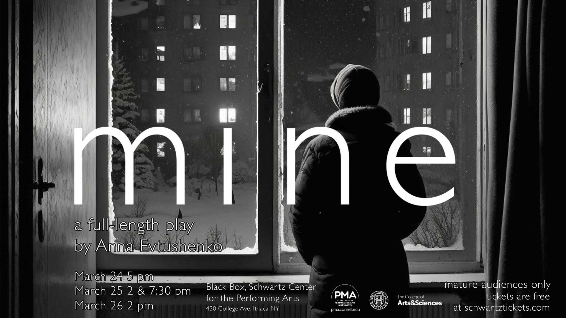 A black and white photo with a person looking out a window of an apartment