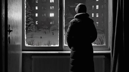Photo of a person looking out the window of an apartment