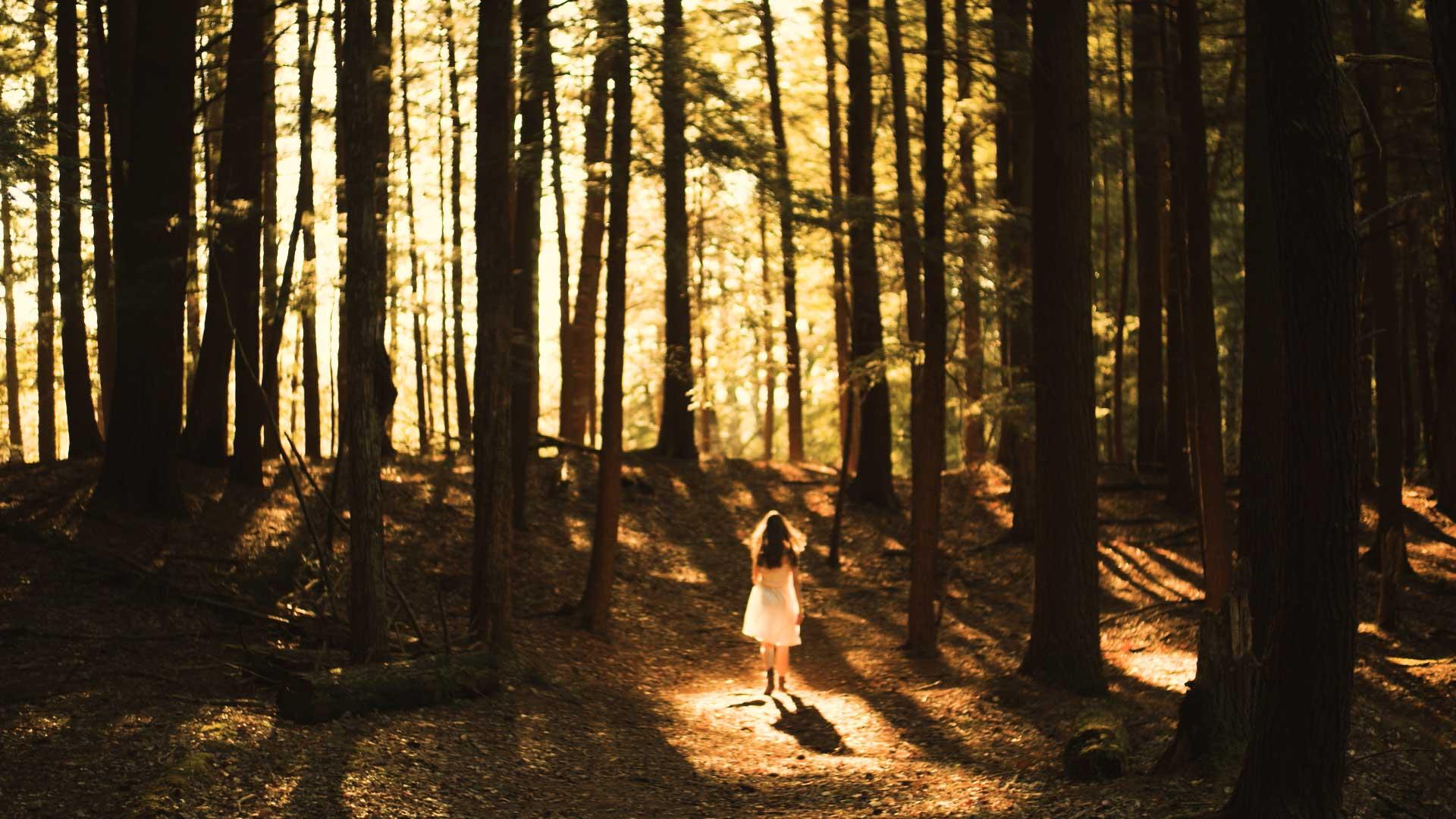 A woman in a white dress walking in sunny forest.