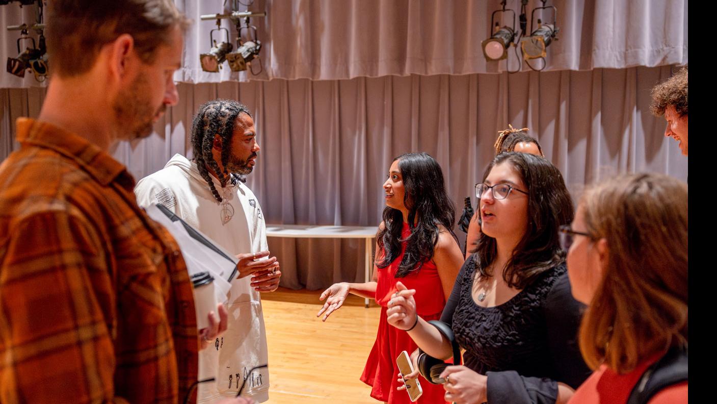 Daveed Diggs and PMA Senior Lecturer Theo Black speak with students in the Class of ’56 Dance Studio Theatre.