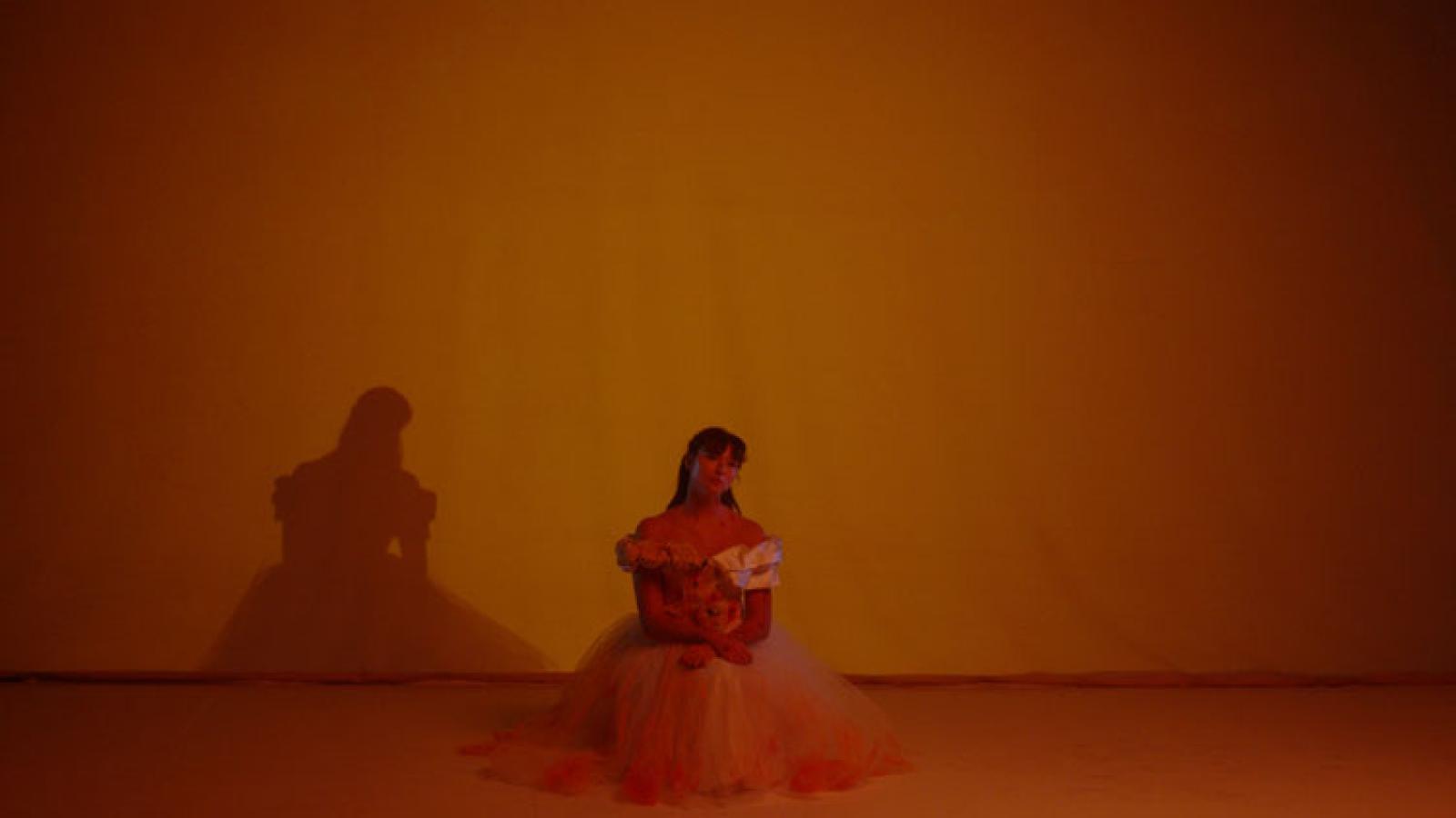 Photograph of a person in a white dress sitting on the floor against an orange background. Soft lighting creates a shadow of the woman on the wall.