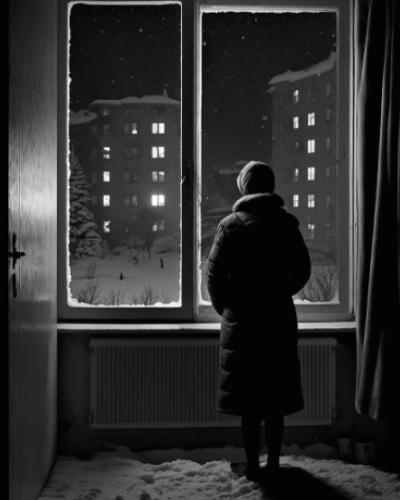 Photo of a person looking out the window of an apartment