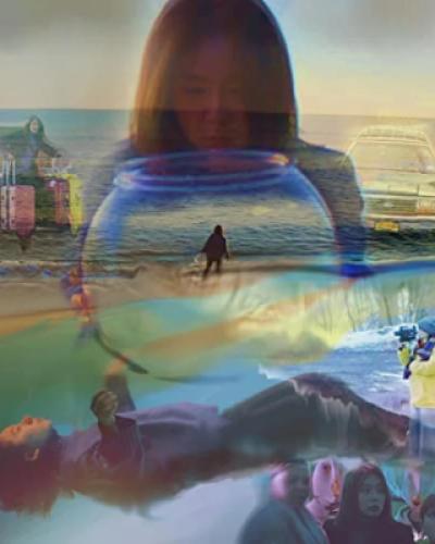 Person holding a fish bowl transparently set over the ocean and other woven images including a person with luggage, a car, a person in a yellow coat with a camera, a person set horizontally across the bottom, and two people looking into the distance