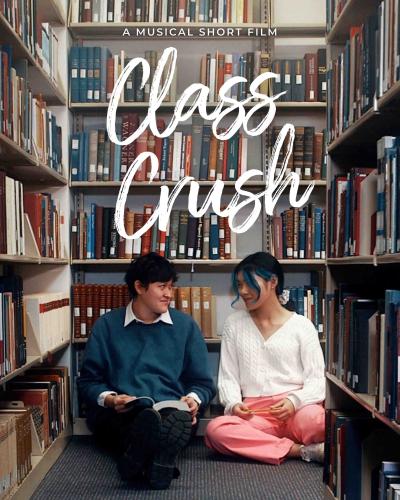 Two people sitting on the floor side by side against library stacks looking at each other. "A Musical Short Film: Class Crush"