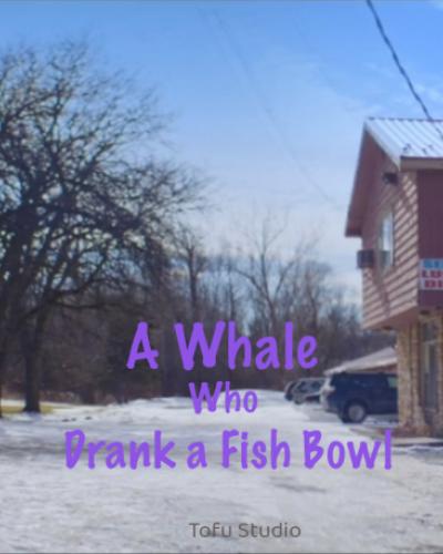 Still from A Whale Who Drank a Fish Bowl. Tofu Studio. An outdoor scene with snow on the ground, bare trees and cars in the background, and a building on the right that says Serving Lunch and Dinner. In the background on the left and right are groups of people facing each other, including a person on the left holding a fish bowl.