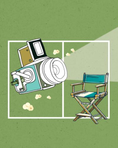 An illustration of a crankable camera, a director’s chair, and a few popcorn kernels against a green background.