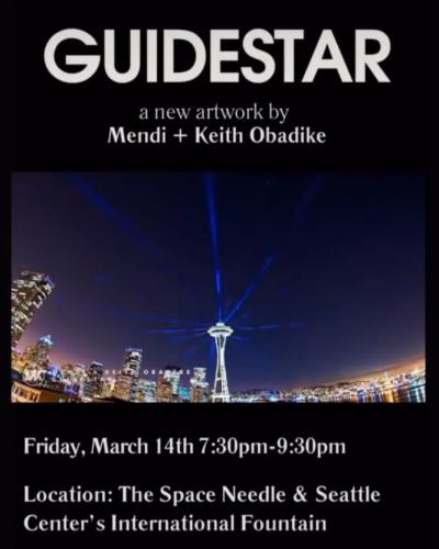 A panorama showing the Space Needle amidst the Seattle skyline, with beams of blue light pointing radially around the night sky. “GuideStar:” A New Artwork by Mendi + Keith Obadike Friday, March 14, 7:30pm-9:30pm PST GuideStar draws inspiration from astronomical guide stars – laser systems used in observatories to create artificial stars. This ambient music and laser installation transforms the Seattle skyline into a luminous space for reflection and wonder.