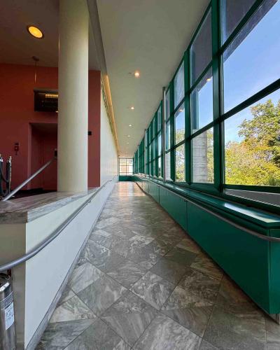 Ramp leading towards the Kiplinger Theatre on the main floor of the Schwartz Center for the Performing Arts.