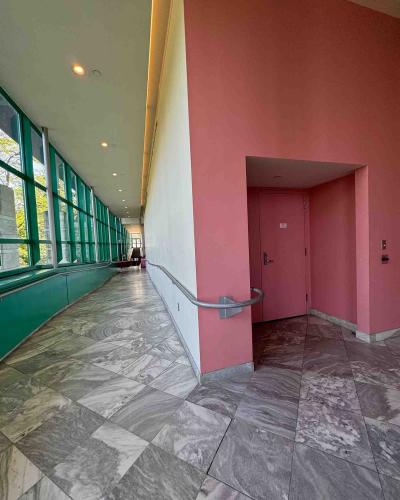 Ramp leading towards the door of the Kiplinger Theatre on the main floor of the Schwartz Center for the Performing Arts.