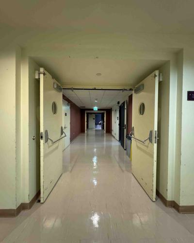 Open double doors in the sub-basement of the Schwartz Center for the Performing Arts, leading to the Black Box Theatre.