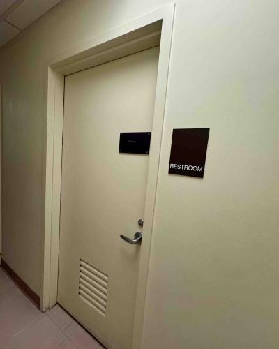 Single-use all-gender bathroom on the main floor of the Schwartz Center for the Performing Arts.