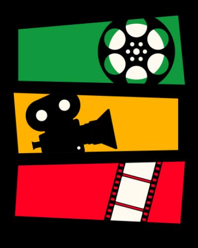 Three stacked images on a black background: a film reel on a green background, a film camera on a yellow background, and frames of film on a red background.