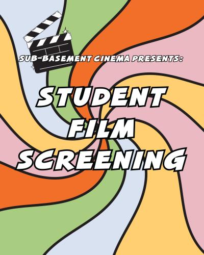 A clapperboard against a green, pink, orange, yellow, and blue color swirl.