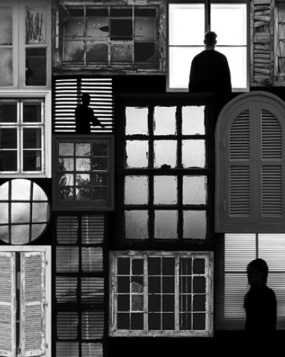 CONFINEMENTS poster graphic featuring an aesthetic array of windows, some with the silhouette of a lone person outlined in front