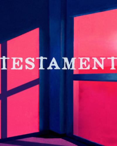 Testament poster featuring the corner of a dark room with a window on one side and the shadow of the window on the other in starkly contrasting colors