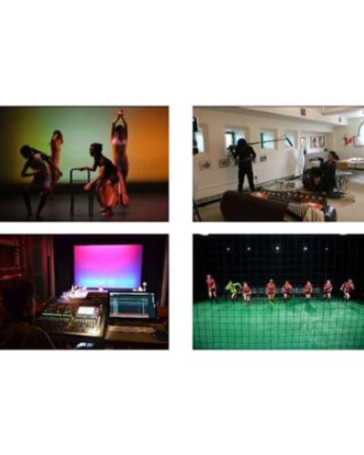 Collage of PMA students engaging in dance, film, crew, and theatre